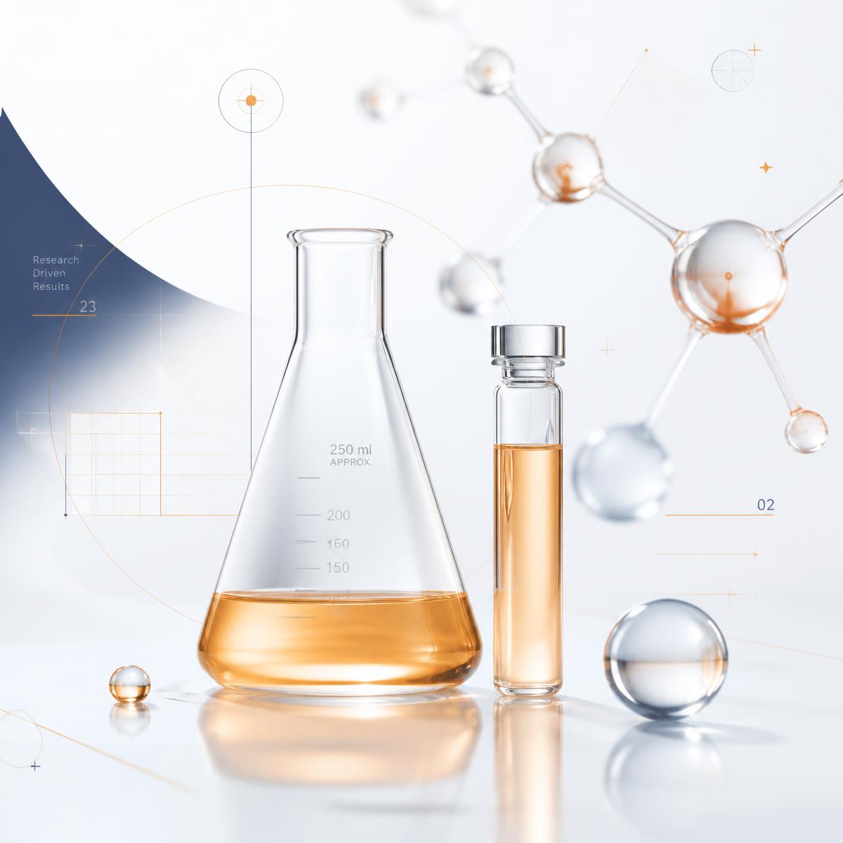 Glass laboratory flask and vial with molecular structures